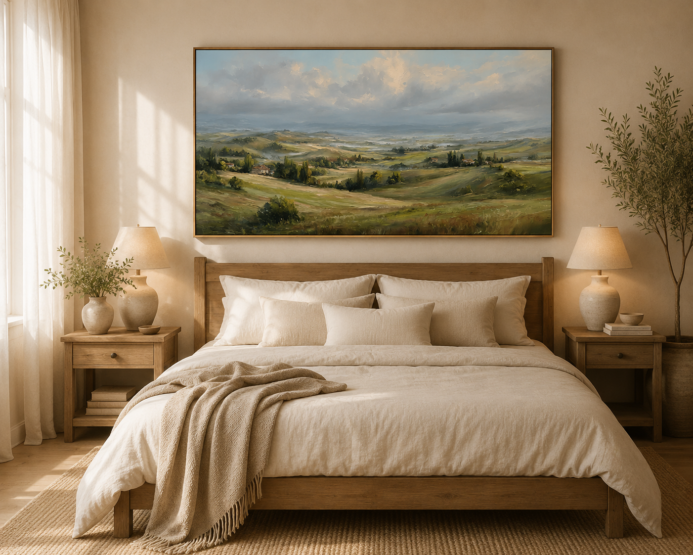 Panoramic Tuscany Landscape Painting – Rolling Hills Countryside Wall Art#0896