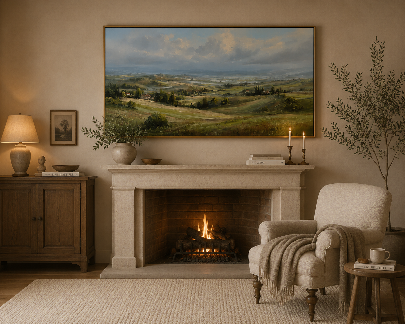 Panoramic Tuscany Landscape Painting – Rolling Hills Countryside Wall Art#0896