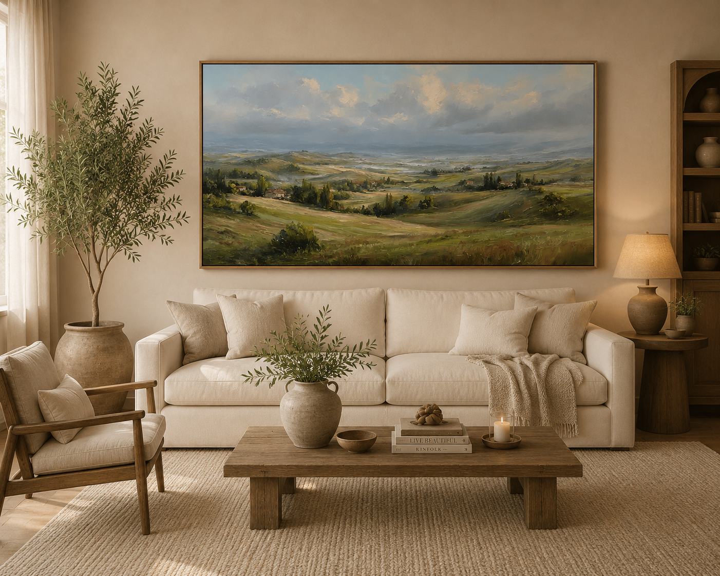 Panoramic Tuscany Landscape Painting – Rolling Hills Countryside Wall Art#0896