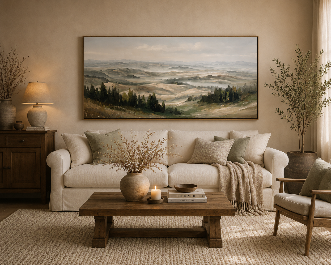 Misty Rolling Hills Landscape Painting – Panoramic Neutral Nature Wall Art#OA 0895