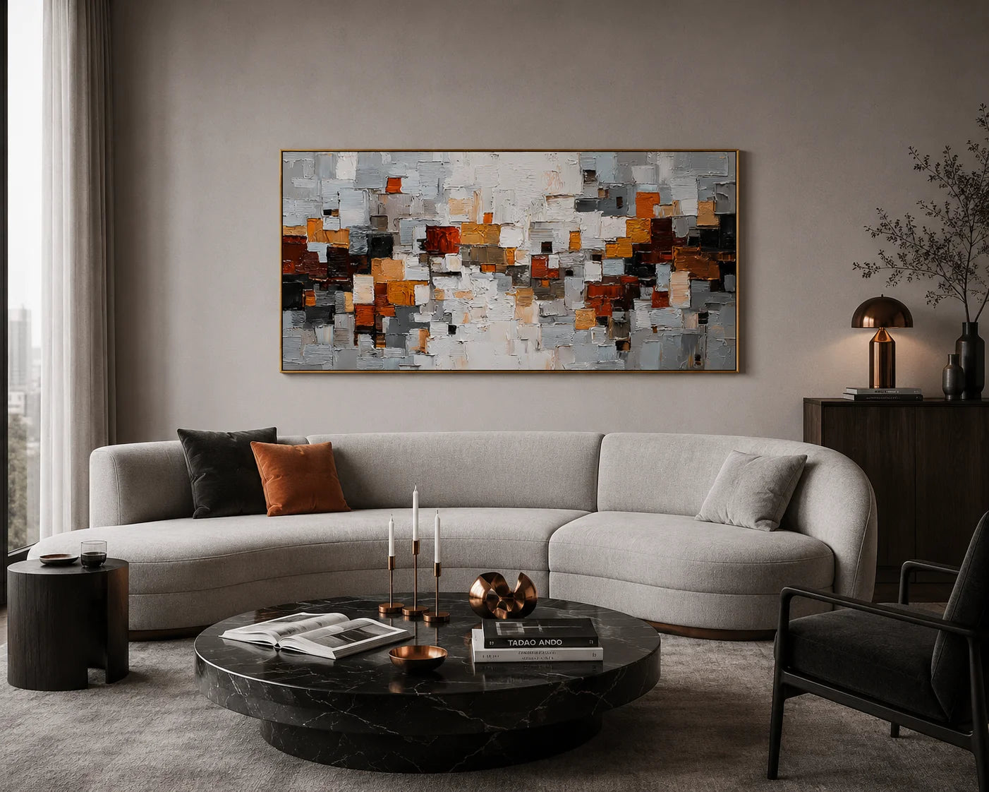 Modern Geometric Abstract Oil Painting – Gray Orange Textured Wall Art#OA 0902
