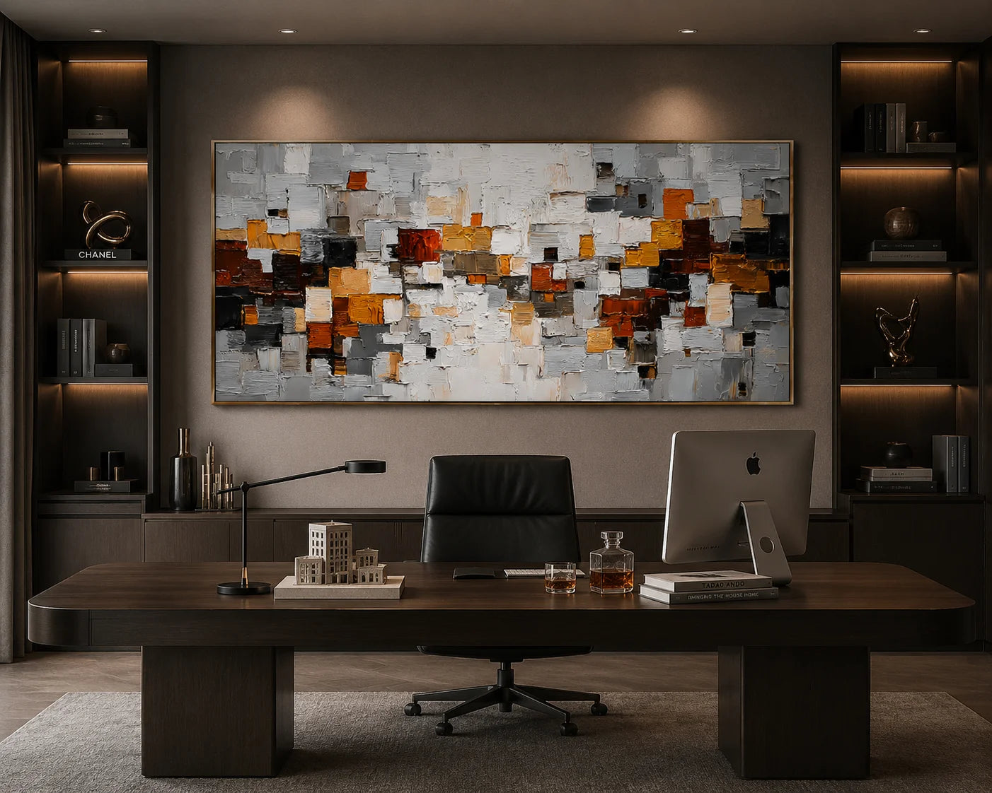 Modern Geometric Abstract Oil Painting – Gray Orange Textured Wall Art#OA 0902
