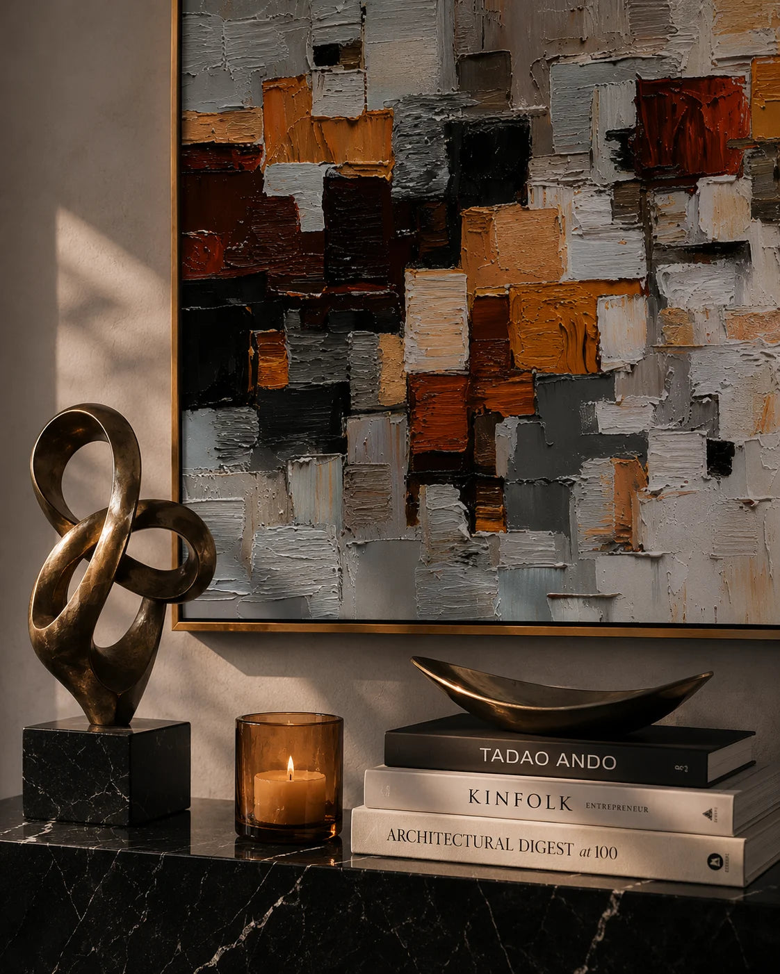 Modern Geometric Abstract Oil Painting – Gray Orange Textured Wall Art#OA 0902