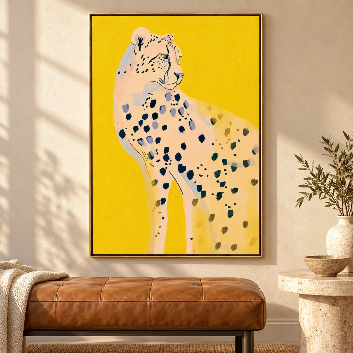 Cheetah on Yellow Oil Painting | Colorful Wildlife Animal Portrait Vertical Canvas Wall Art #OA 1634