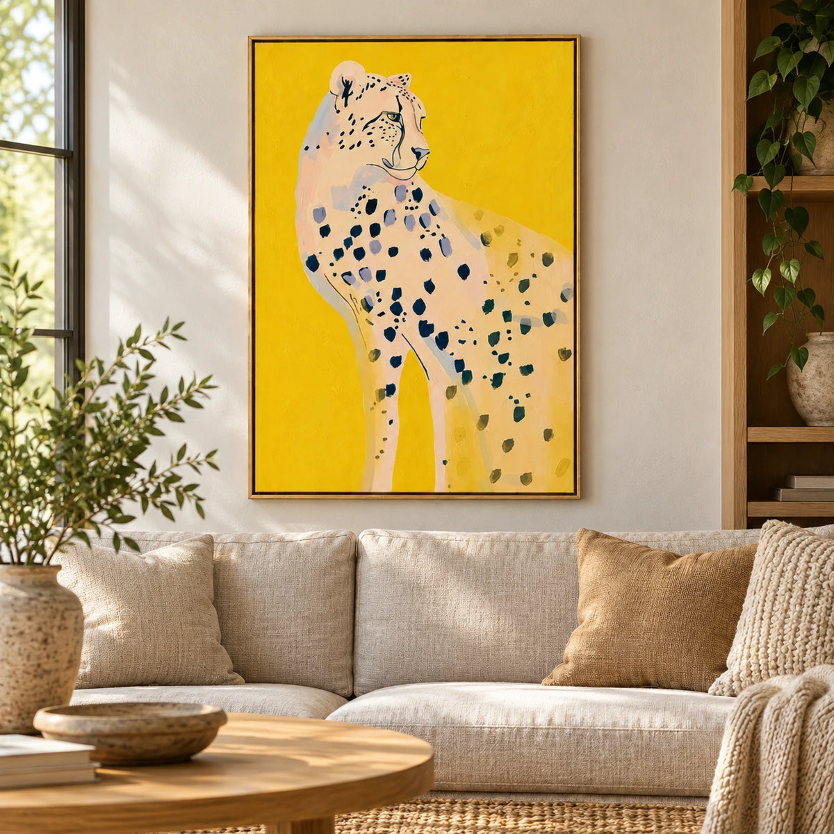 Cheetah on Yellow Oil Painting | Colorful Wildlife Animal Portrait Vertical Canvas Wall Art #OA 1634