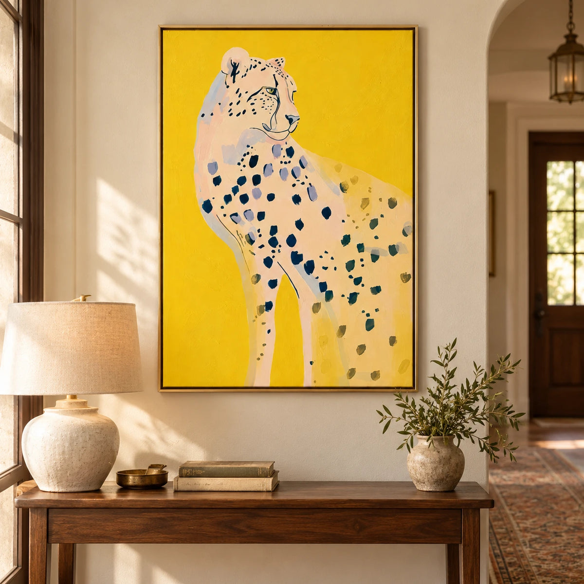 Cheetah on Yellow Oil Painting | Colorful Wildlife Animal Portrait Vertical Canvas Wall Art #OA 1634