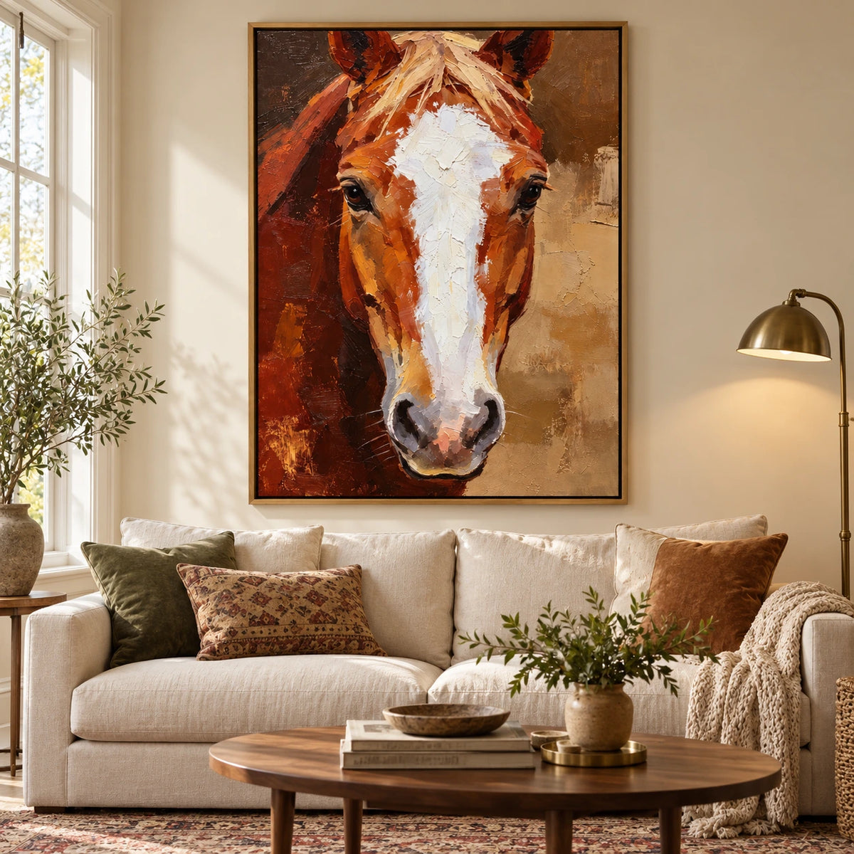 Chestnut Horse Portrait Oil Painting | White Blaze and Golden Mane Textured Equestrian Vertical Wall Art OA 1666