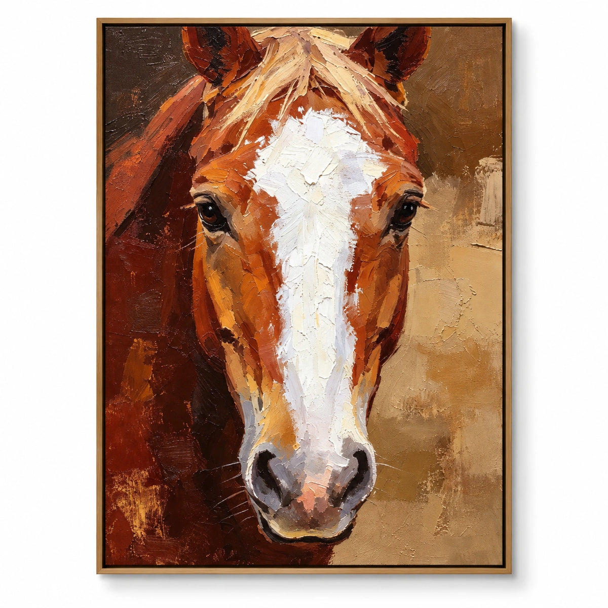 Chestnut Horse Portrait Oil Painting | White Blaze and Golden Mane Textured Equestrian Vertical Wall Art OA 1666