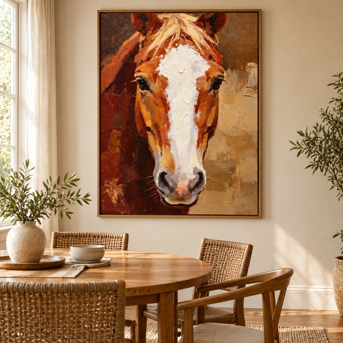 Chestnut Horse Portrait Oil Painting | White Blaze and Golden Mane Textured Equestrian Vertical Wall Art OA 1666