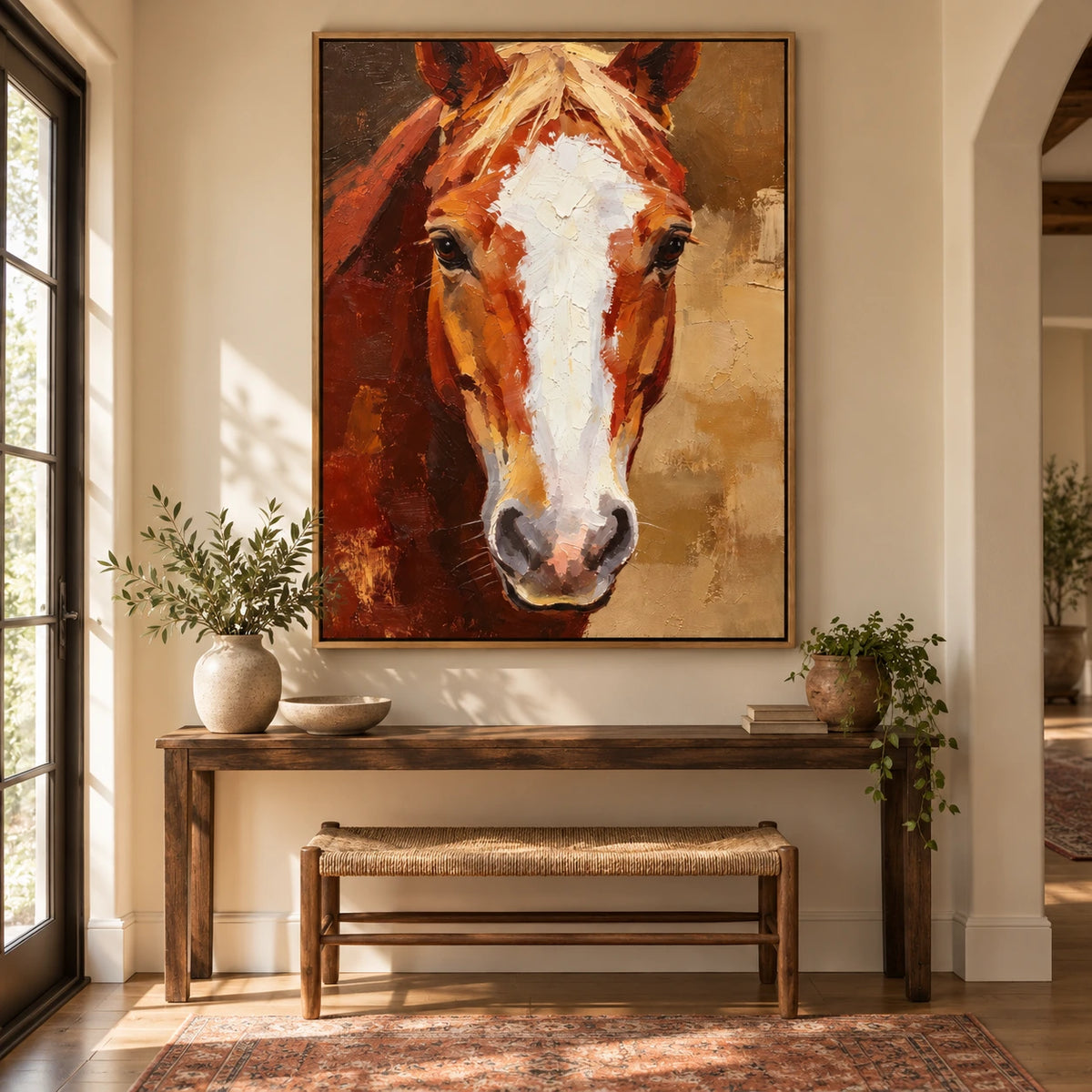 Chestnut Horse Portrait Oil Painting | White Blaze and Golden Mane Textured Equestrian Vertical Wall Art OA 1666