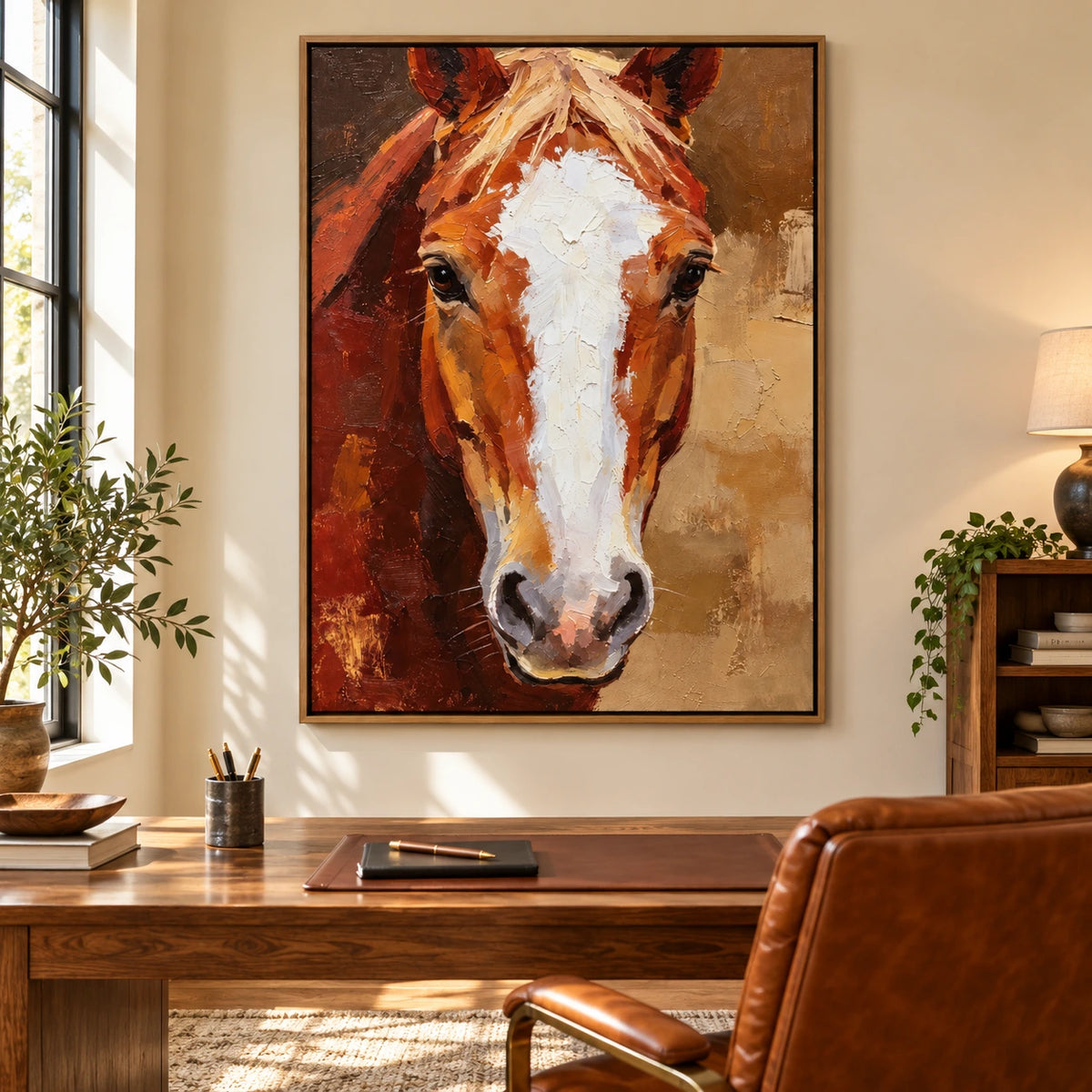 Chestnut Horse Portrait Oil Painting | White Blaze and Golden Mane Textured Equestrian Vertical Wall Art OA 1666