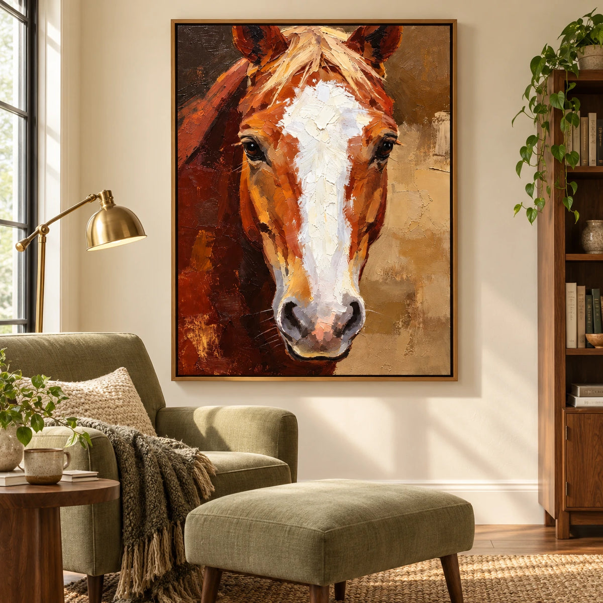 Chestnut Horse Portrait Oil Painting | White Blaze and Golden Mane Textured Equestrian Vertical Wall Art OA 1666