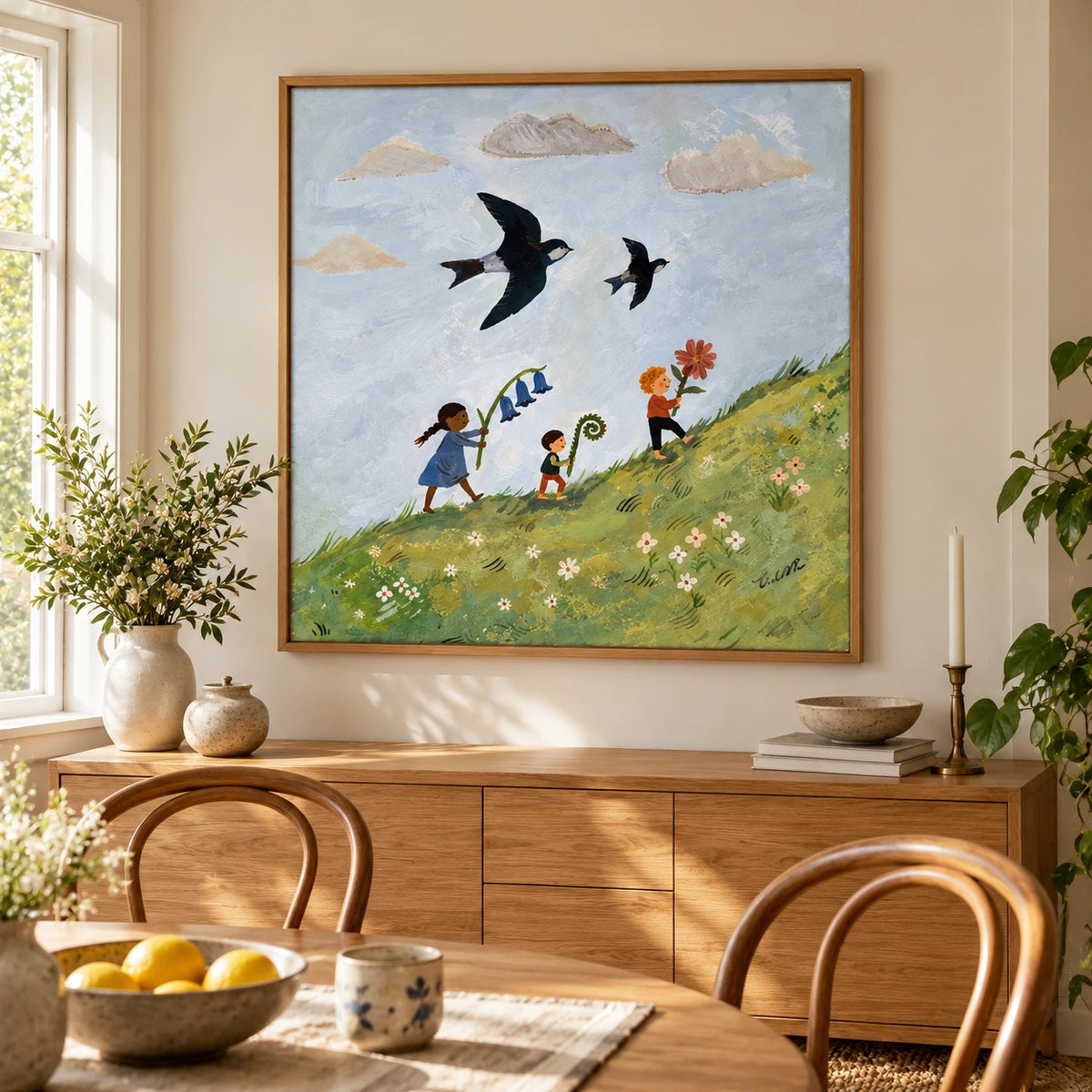 Children with Flowers and Flying Swallows Oil Painting | Whimsical Meadow Nursery Wall Art #OA 1620