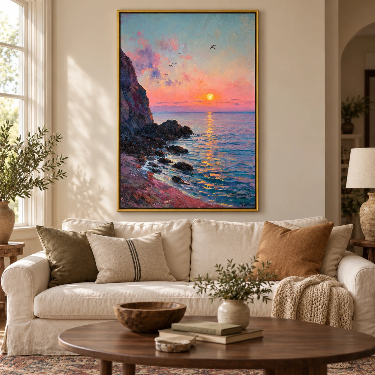 Coastal Sunset Oil Painting | Pink Sky, Rocky Shore and Ocean Seascape Wall Art #OA 1602
