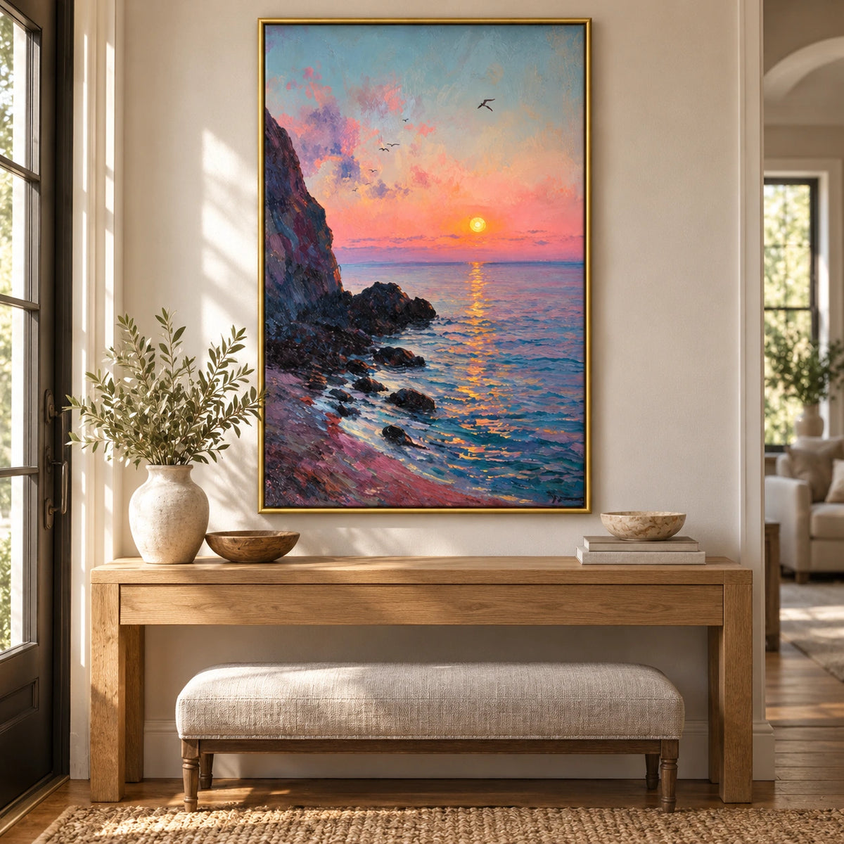 Coastal Sunset Oil Painting | Pink Sky, Rocky Shore and Ocean Seascape Wall Art #OA 1602