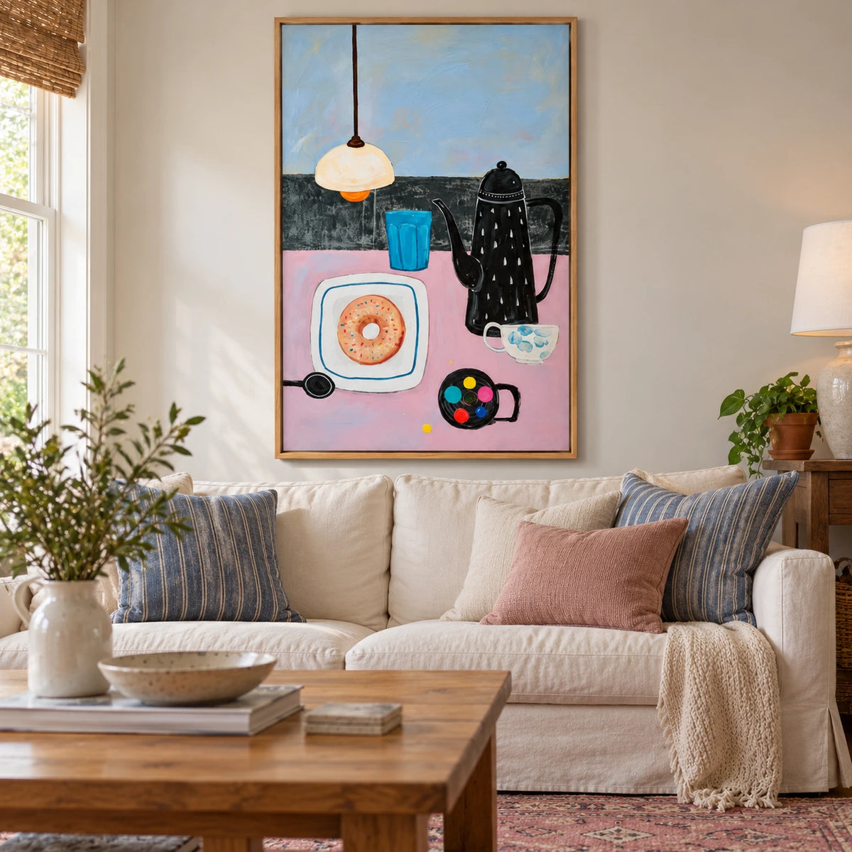 Coffee Pot and Donut Still Life Oil Painting | Pink Table Blue Glass and Pendant Lamp Kitchen Wall Art #OA 1698