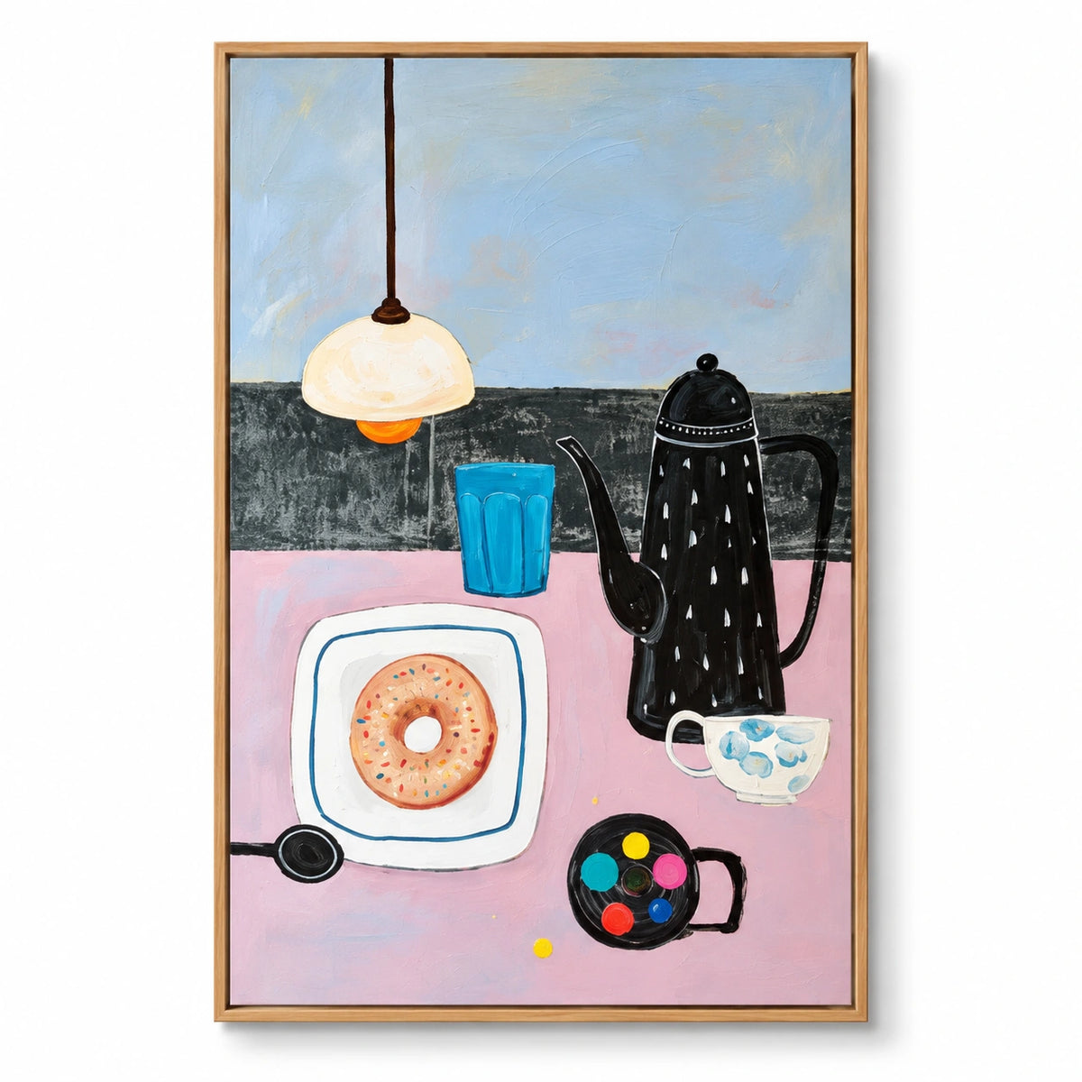 Coffee Pot and Donut Still Life Oil Painting | Pink Table Blue Glass and Pendant Lamp Kitchen Wall Art #OA 1698