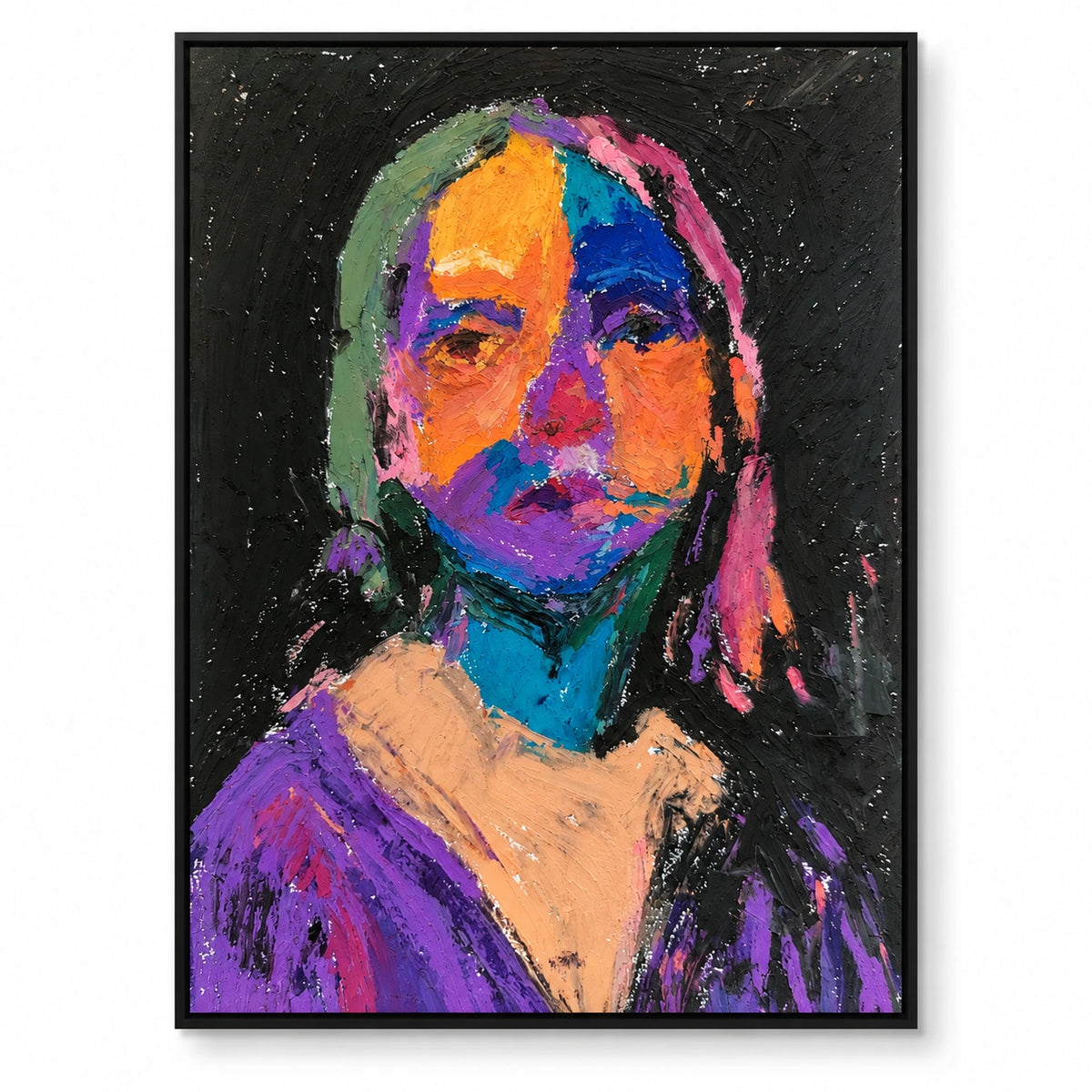 Colorful Mona Lisa Portrait Oil Painting | Orange Blue Purple Impasto Face on Black Vertical Wall Art OA 1668