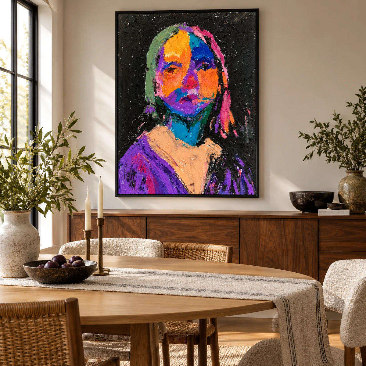 Colorful Mona Lisa Portrait Oil Painting | Orange Blue Purple Impasto Face on Black Vertical Wall Art OA 1668
