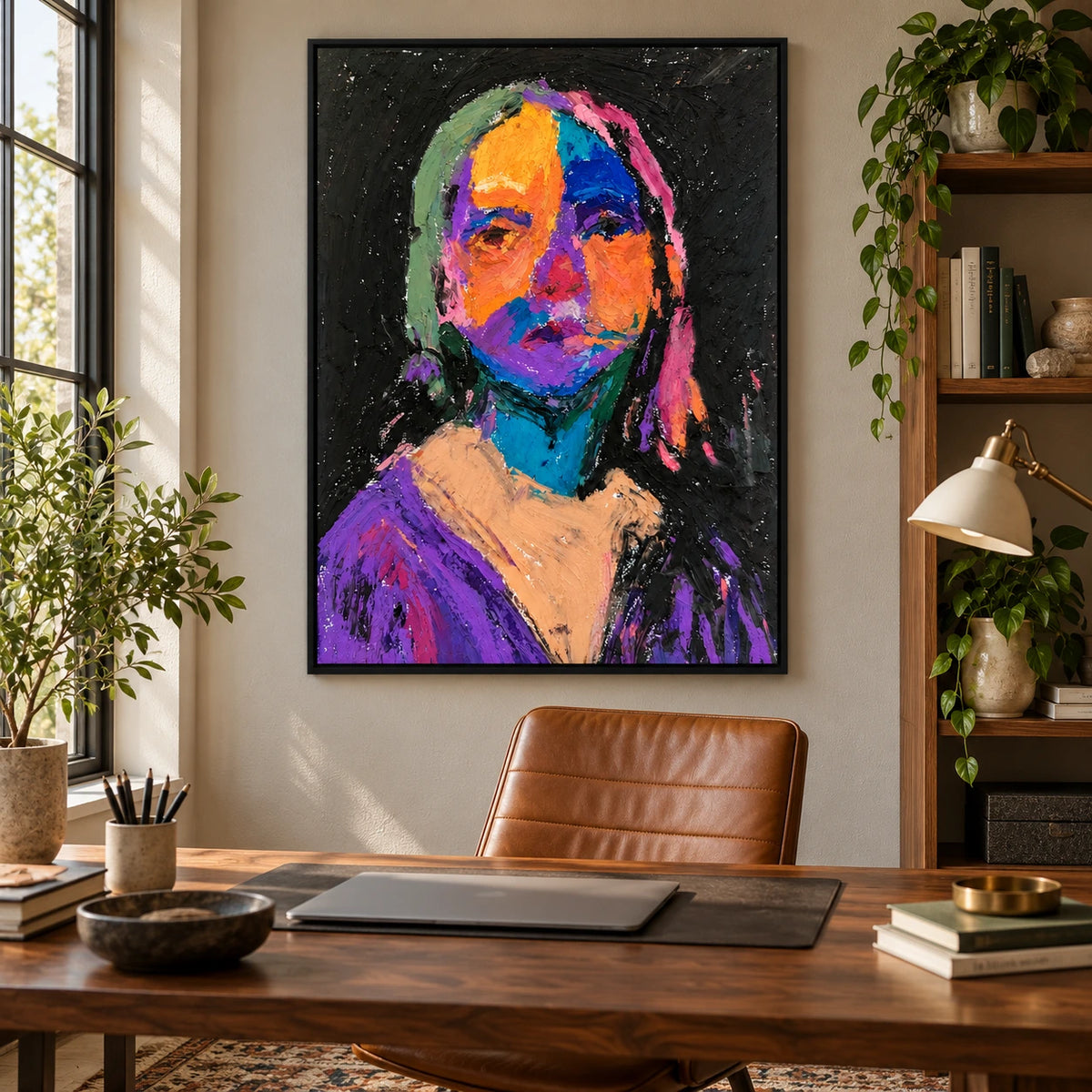 Colorful Mona Lisa Portrait Oil Painting | Orange Blue Purple Impasto Face on Black Vertical Wall Art OA 1668