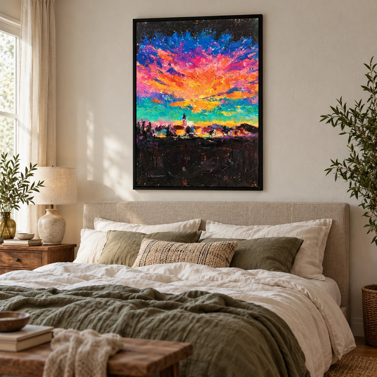 Colorful Sunset over Distant Tower Oil Painting | Orange Pink Purple Blue and Green Textured Vertical Landscape Wall Art OA 1775