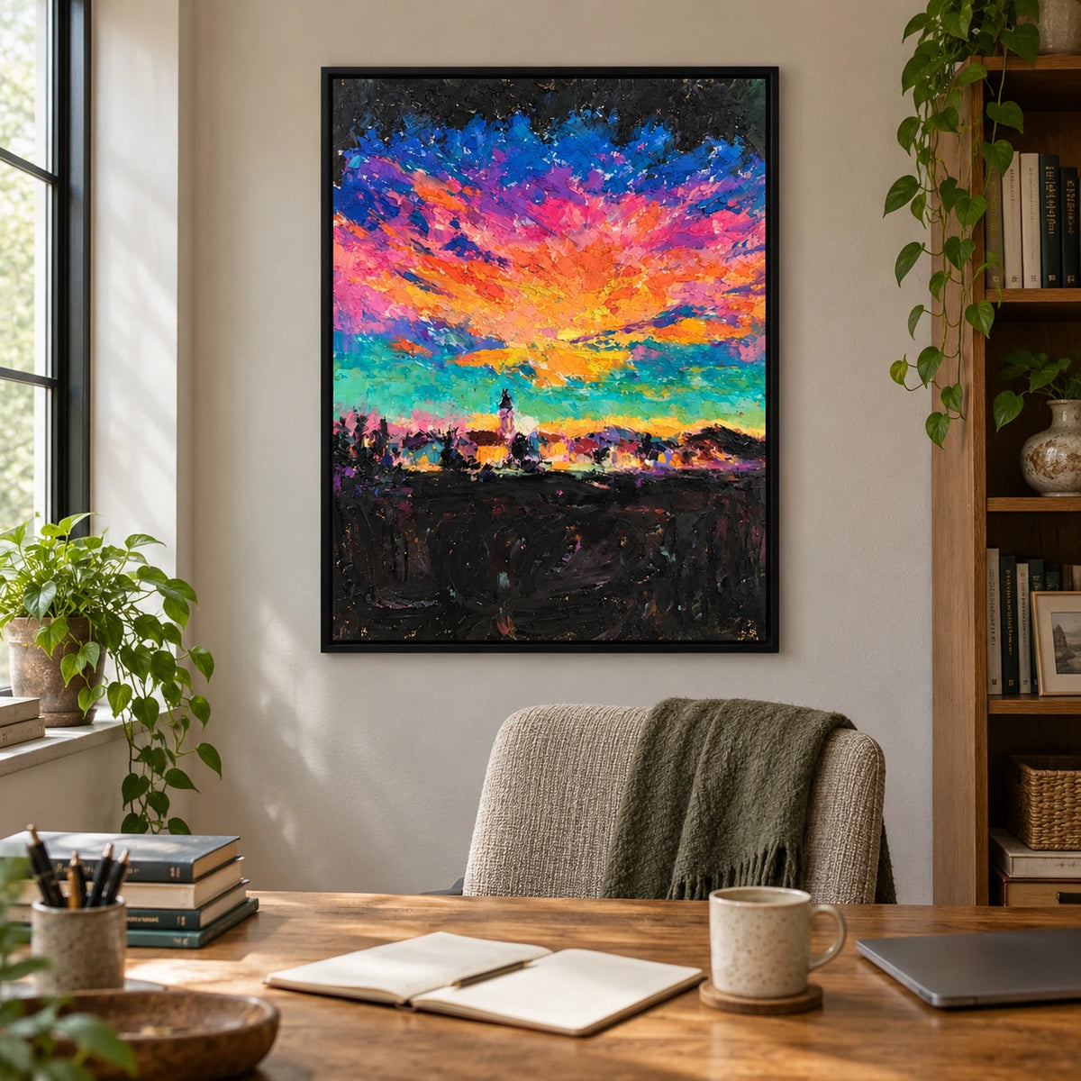 Colorful Sunset over Distant Tower Oil Painting | Orange Pink Purple Blue and Green Textured Vertical Landscape Wall Art OA 1775