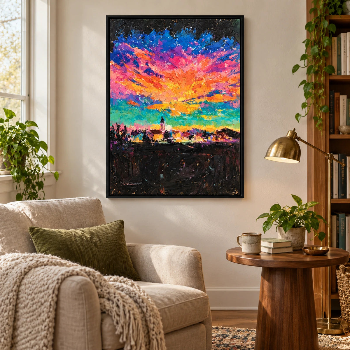 Colorful Sunset over Distant Tower Oil Painting | Orange Pink Purple Blue and Green Textured Vertical Landscape Wall Art OA 1775