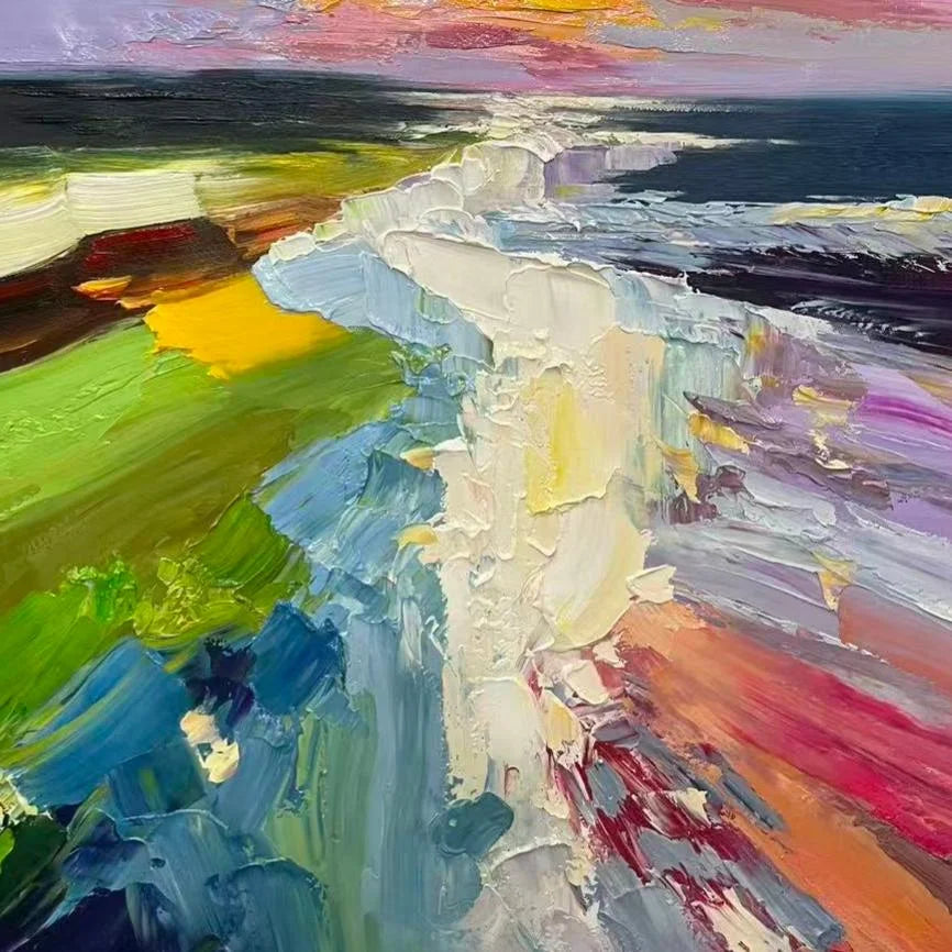 Colorful Abstract Coastal Landscape Wall Art – Modern Palette Knife Oil Painting Decor