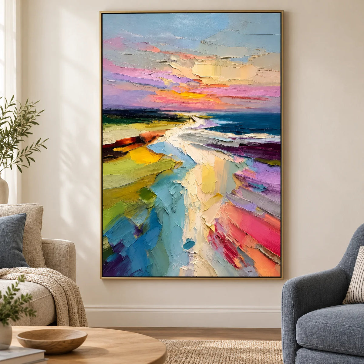 Colorful Abstract Coastal Landscape Wall Art – Modern Palette Knife Oil Painting Decor