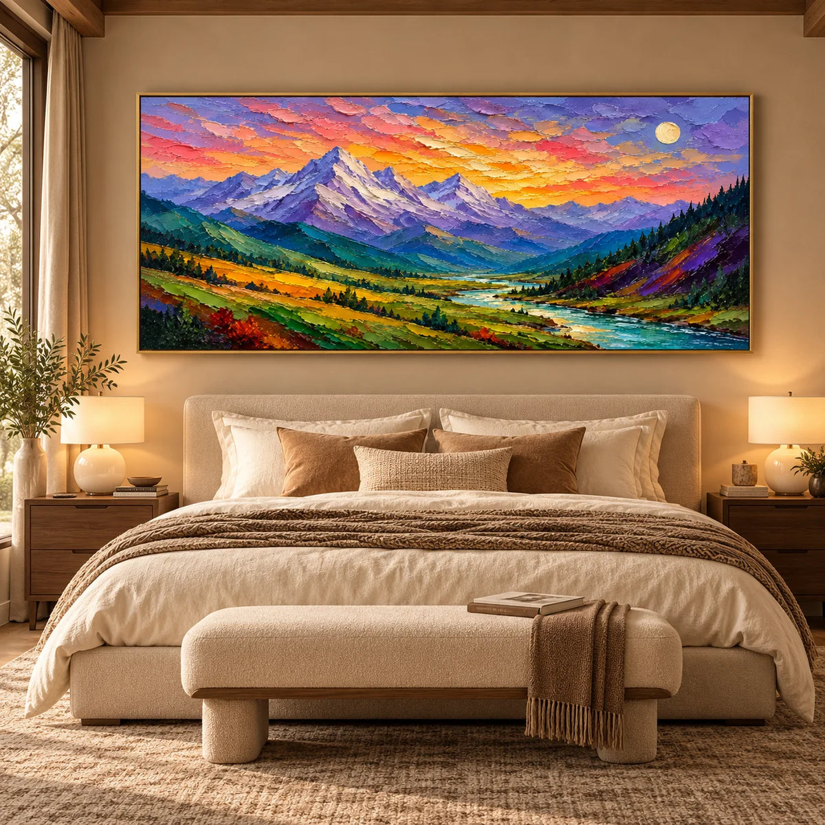 Textured Abstract Mountain Landscape Oil Painting, Hand Painted Earth Tone Impasto Wall Art for Living Room Bedroom | Ownanart