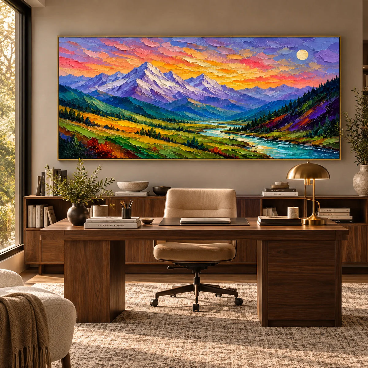 Textured Abstract Mountain Landscape Oil Painting, Hand Painted Earth Tone Impasto Wall Art for Living Room Bedroom | Ownanart