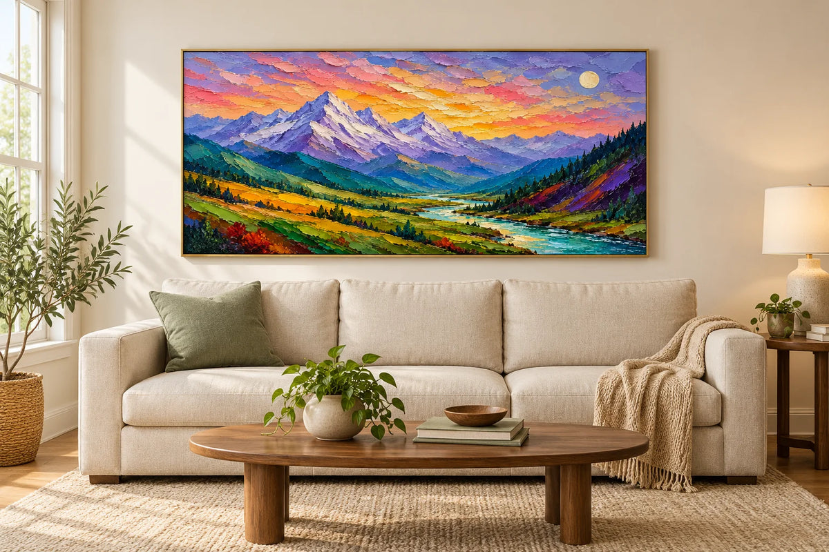 Colorful Mountain Sunset Landscape Oil Painting, Hand Painted Textured River Valley Wall Art for Living Room Bedroom | Ownanart