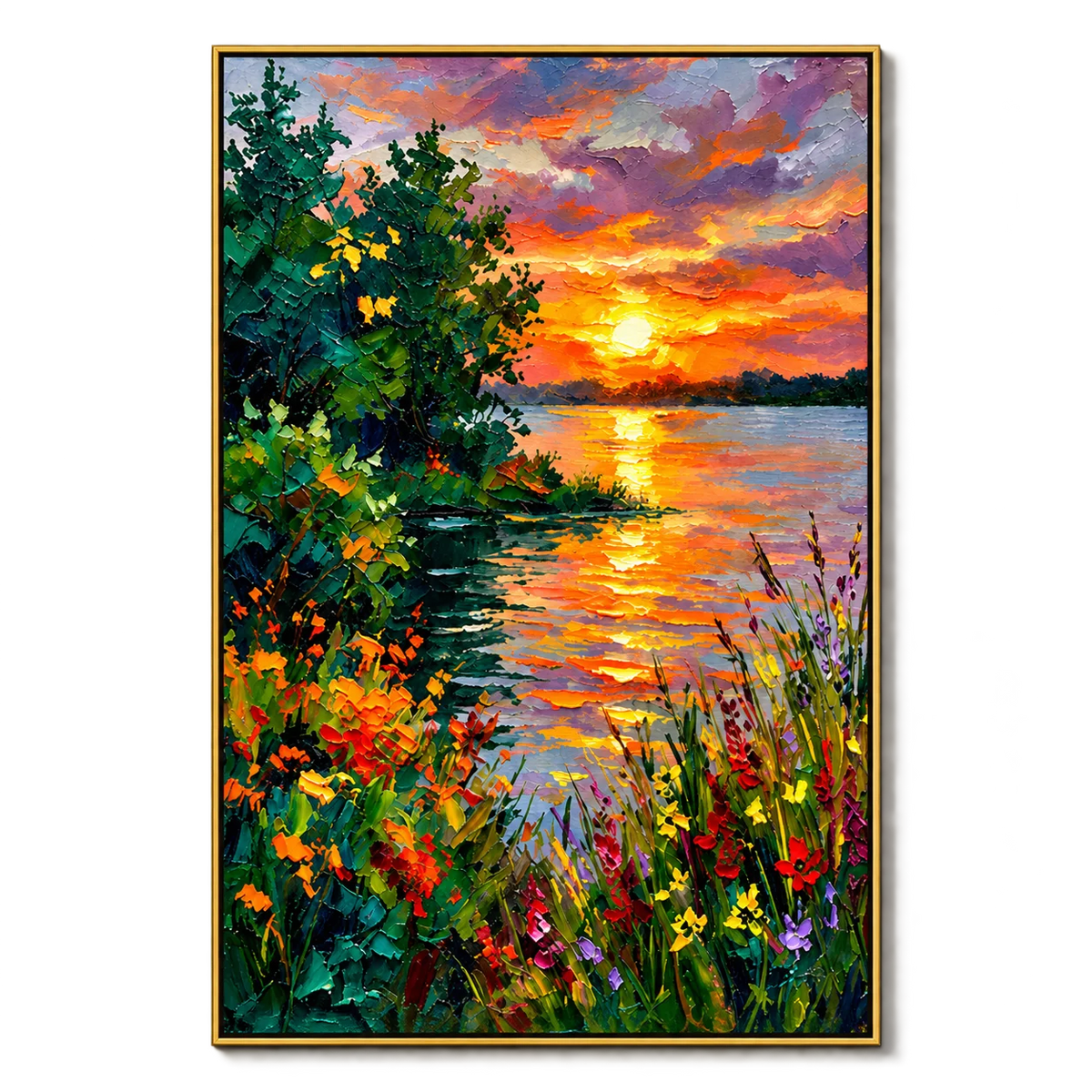 Colorful Sunset Lake Landscape Wall Art – Impressionist Nature Canvas Painting for Living Room Decor