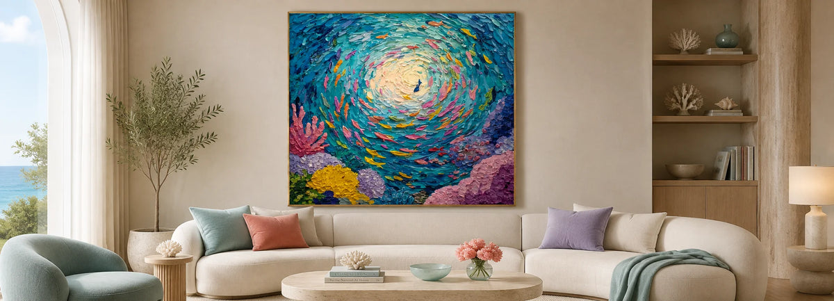 Large hand-painted textured underwater oil painting featuring colorful fish swirling through blue water and coral reefs, displayed above a cream sofa in a bright coastal living room.