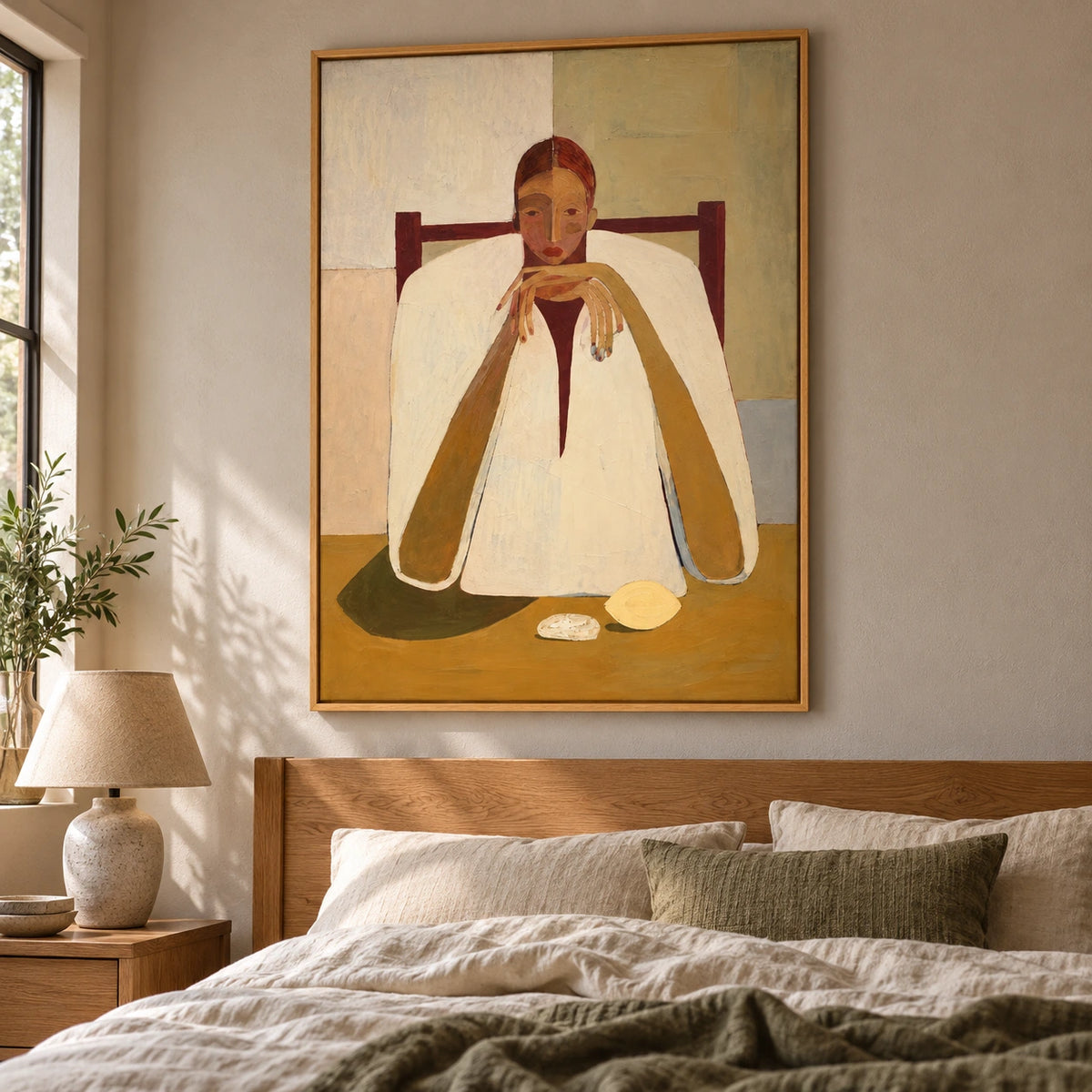 Contemplative Woman at Table Oil Painting | Neutral Figurative Portrait Wall Art #OA 1599