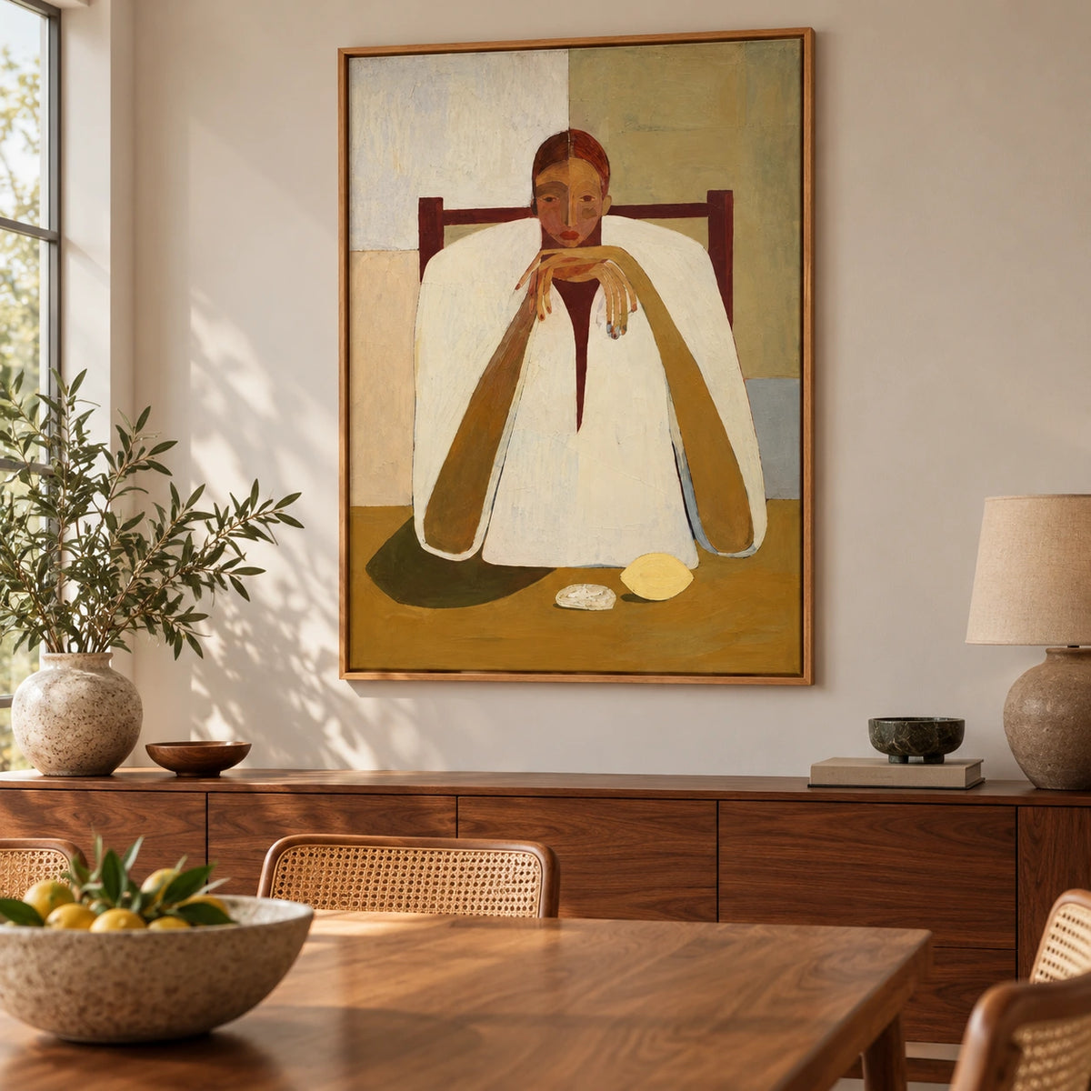 Contemplative Woman at Table Oil Painting | Neutral Figurative Portrait Wall Art #OA 1599