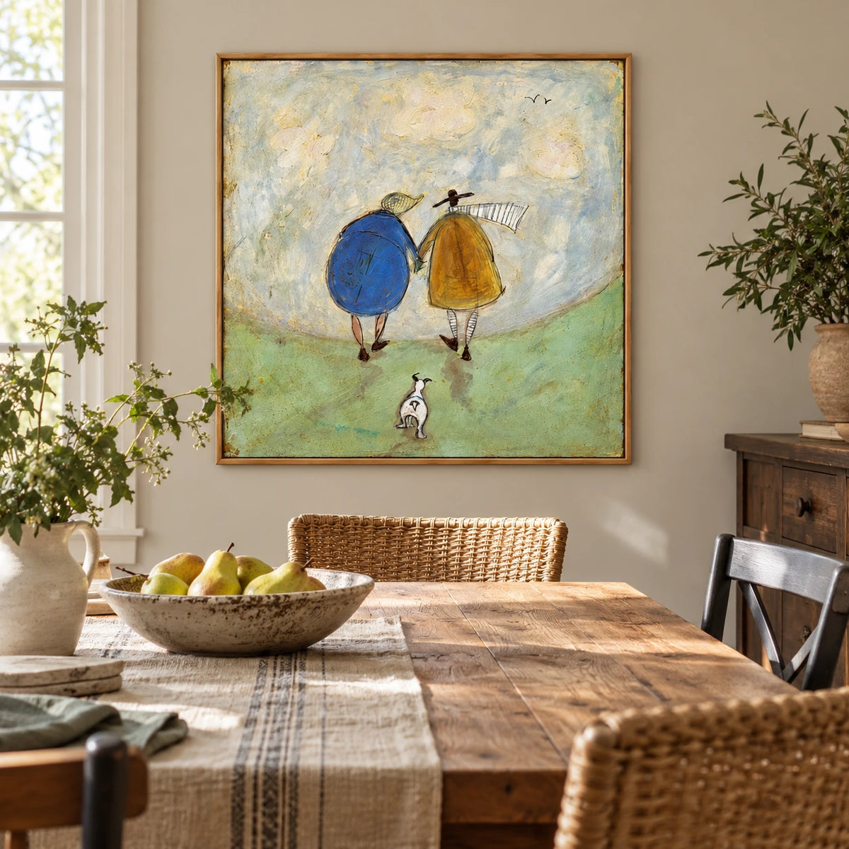 Couple Walking with Small Dog Oil Painting | Blue and Mustard Coats Green Hill Whimsical Square Folk Wall Art OA 1772