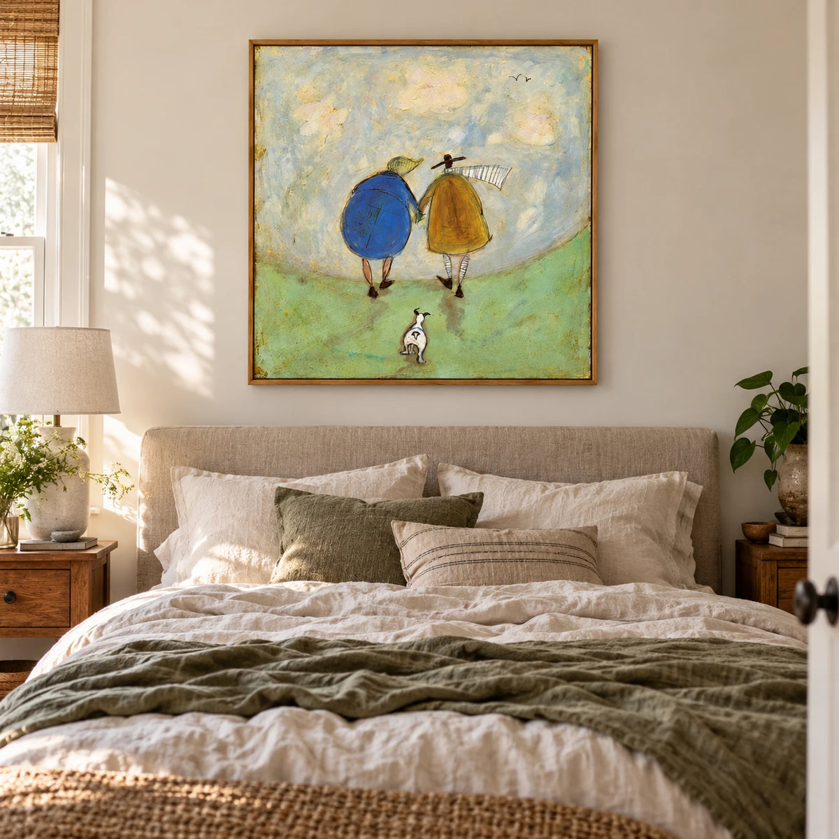 Couple Walking with Small Dog Oil Painting | Blue and Mustard Coats Green Hill Whimsical Square Folk Wall Art OA 1772