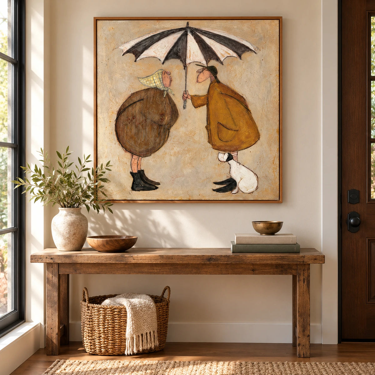 Couple under Striped Umbrella Oil Painting | White Dog and Ochre Coats Whimsical Square Folk Wall Art #OA 1713