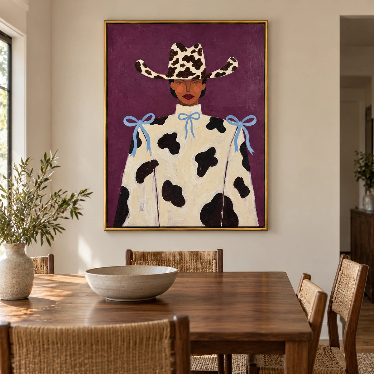 Cowgirl Portrait Oil Painting | Cow Print Hat Cream Outfit and Blue Bows on Purple Fashion Wall Art #OA 1682