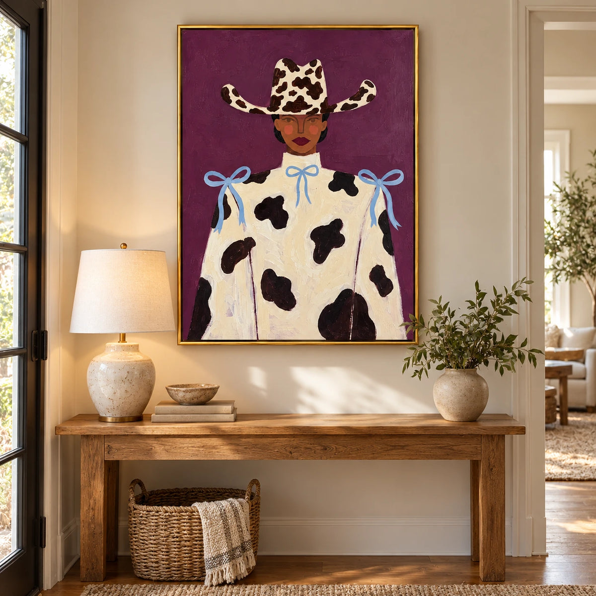 Cowgirl Portrait Oil Painting | Cow Print Hat Cream Outfit and Blue Bows on Purple Fashion Wall Art #OA 1682