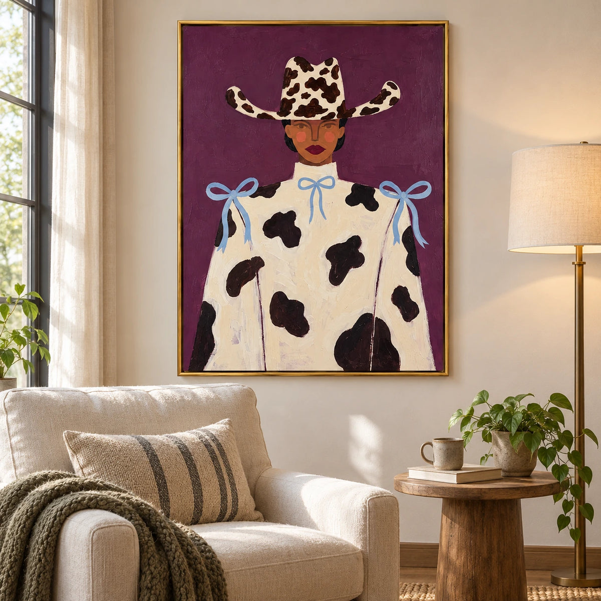 Cowgirl Portrait Oil Painting | Cow Print Hat Cream Outfit and Blue Bows on Purple Fashion Wall Art #OA 1682