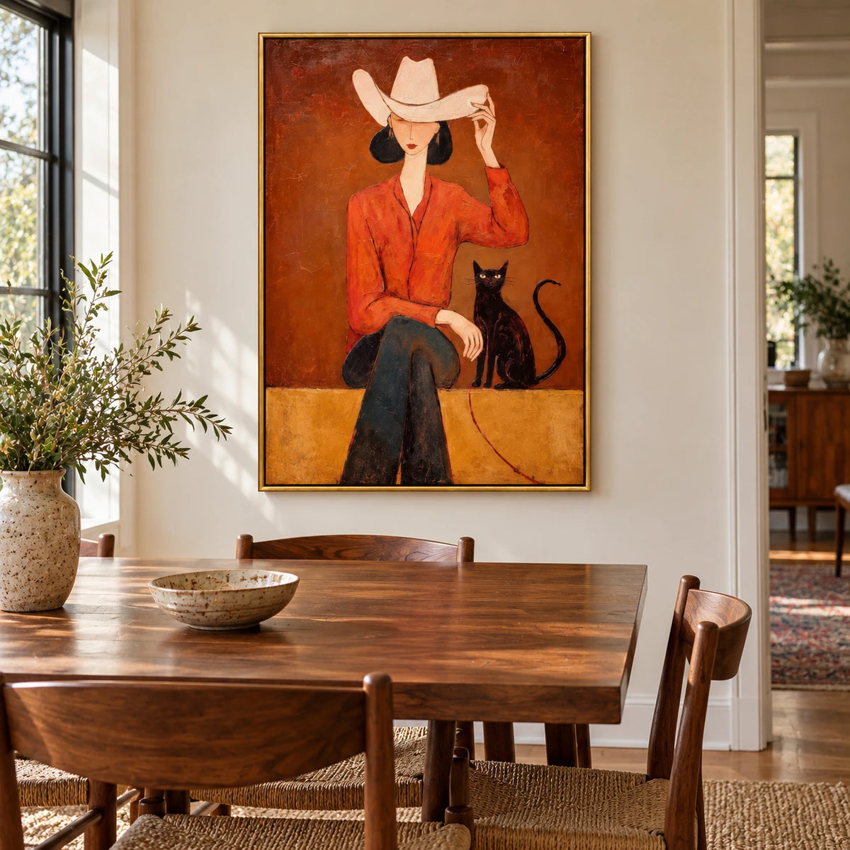 Cowgirl with Black Cat Oil Painting | Cream Cowboy Hat Orange Shirt and Rust Background Figurative Wall Art #OA 1690