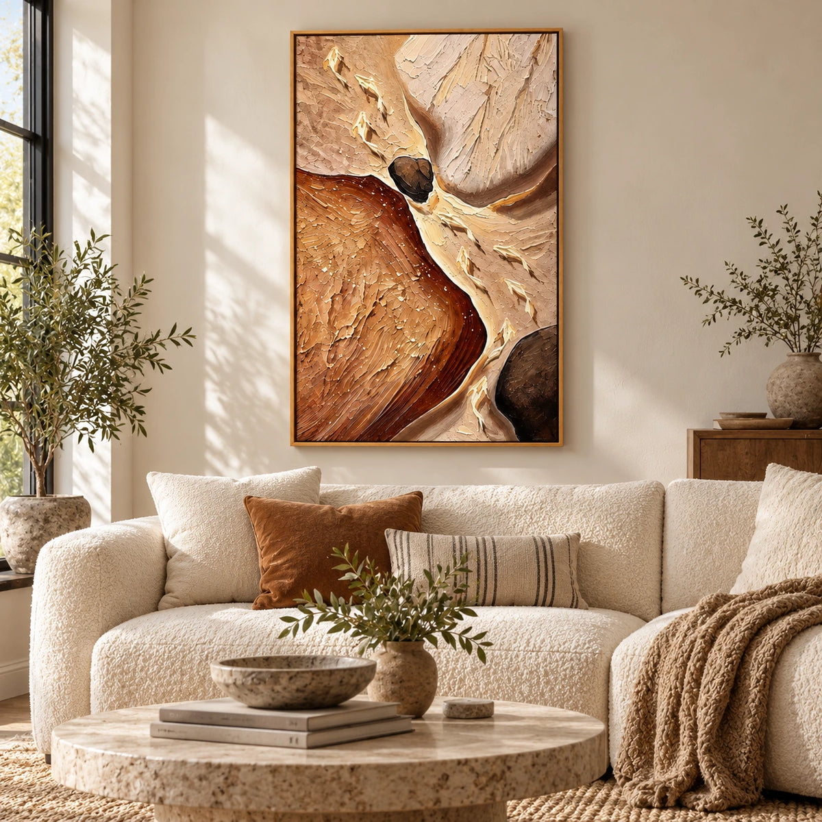 Cream Koi Fish in Earth Tone Stream Oil Painting | Brown Rocks Beige and Rust Textured Vertical Nature Wall Art OA 1739
