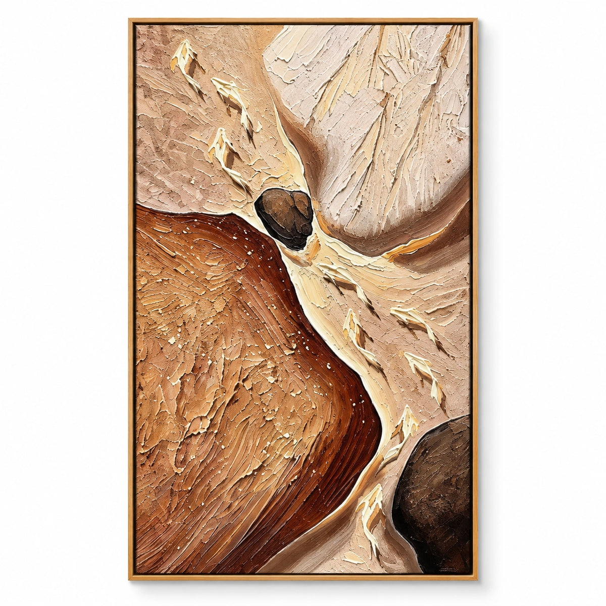 Cream Koi Fish in Earth Tone Stream Oil Painting | Brown Rocks Beige and Rust Textured Vertical Nature Wall Art OA 1739
