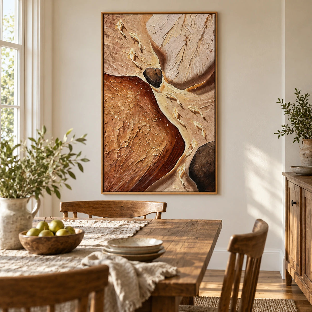 Cream Koi Fish in Earth Tone Stream Oil Painting | Brown Rocks Beige and Rust Textured Vertical Nature Wall Art OA 1739