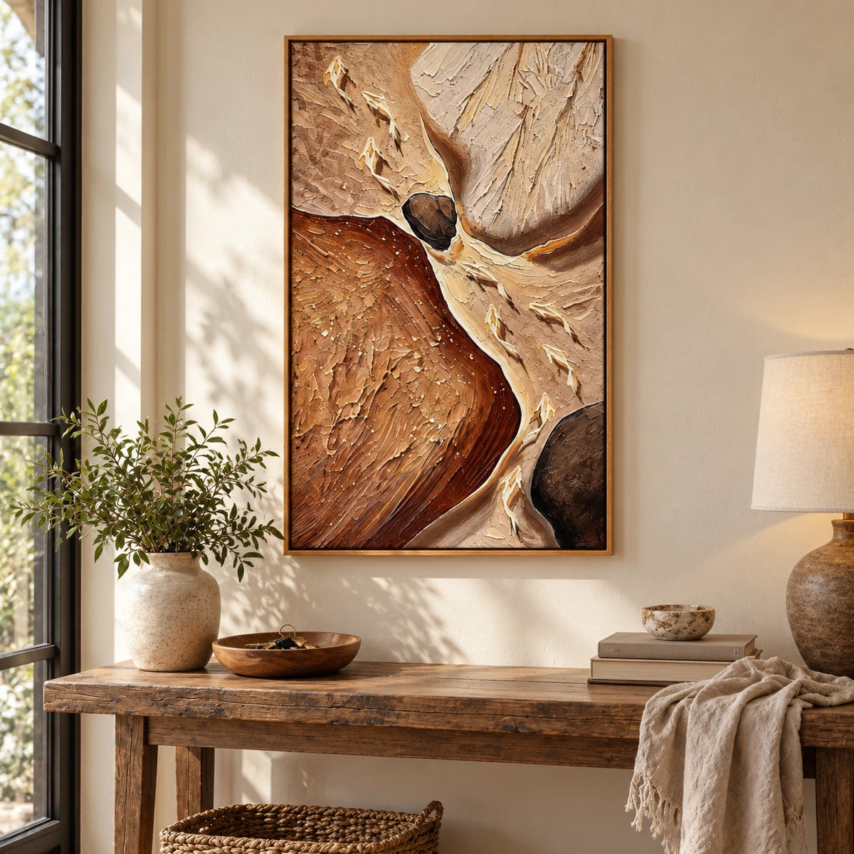 Cream Koi Fish in Earth Tone Stream Oil Painting | Brown Rocks Beige and Rust Textured Vertical Nature Wall Art OA 1739
