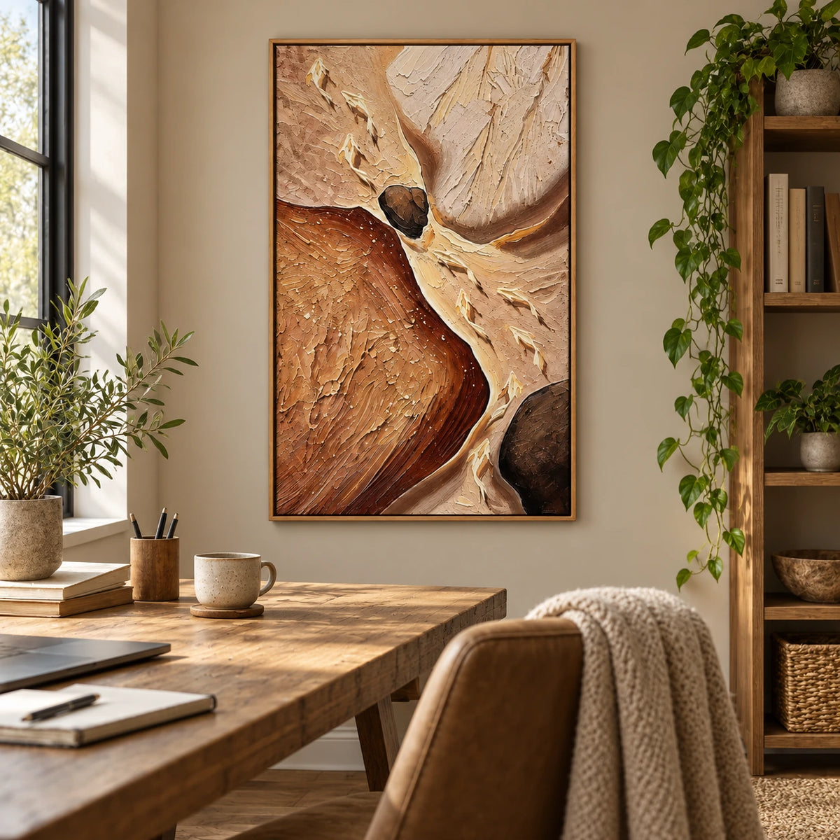 Cream Koi Fish in Earth Tone Stream Oil Painting | Brown Rocks Beige and Rust Textured Vertical Nature Wall Art OA 1739