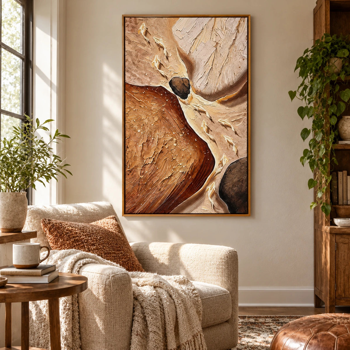 Cream Koi Fish in Earth Tone Stream Oil Painting | Brown Rocks Beige and Rust Textured Vertical Nature Wall Art OA 1739