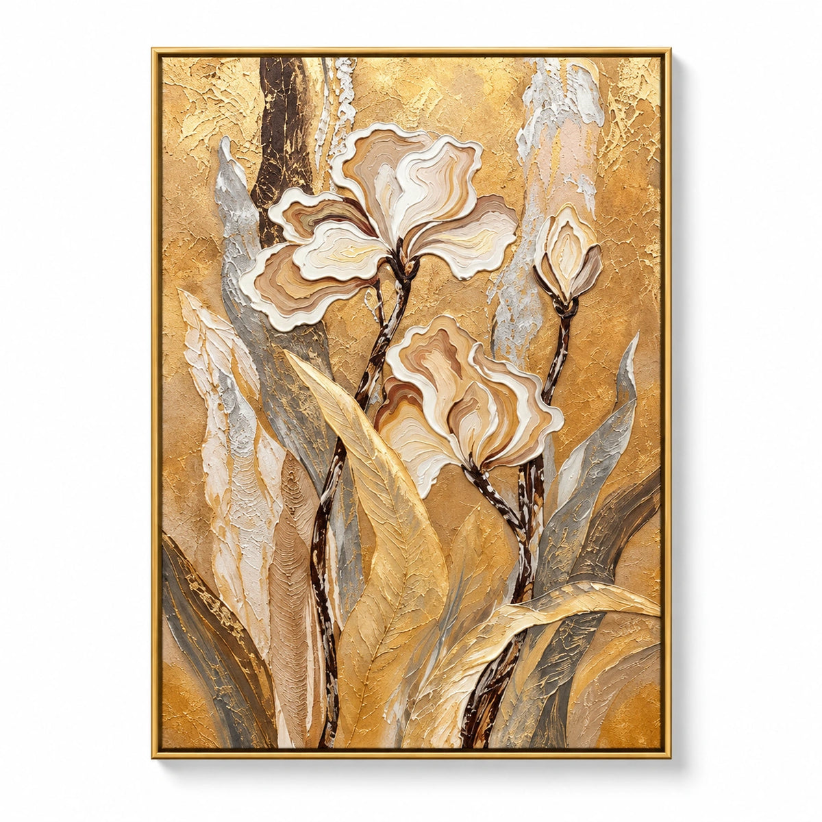 Cream and Beige Flowers on Gold Oil Painting | Raised Petal Lines Grey Leaves Textured Vertical Botanical Wall Art OA 1773